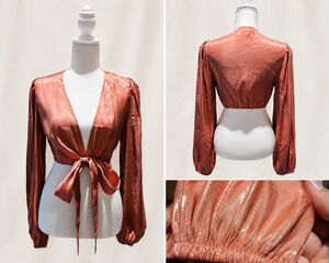 Venus S Metallic Tie Front Crop Top Copper Y2K Festival Coquette Eclectic Glam